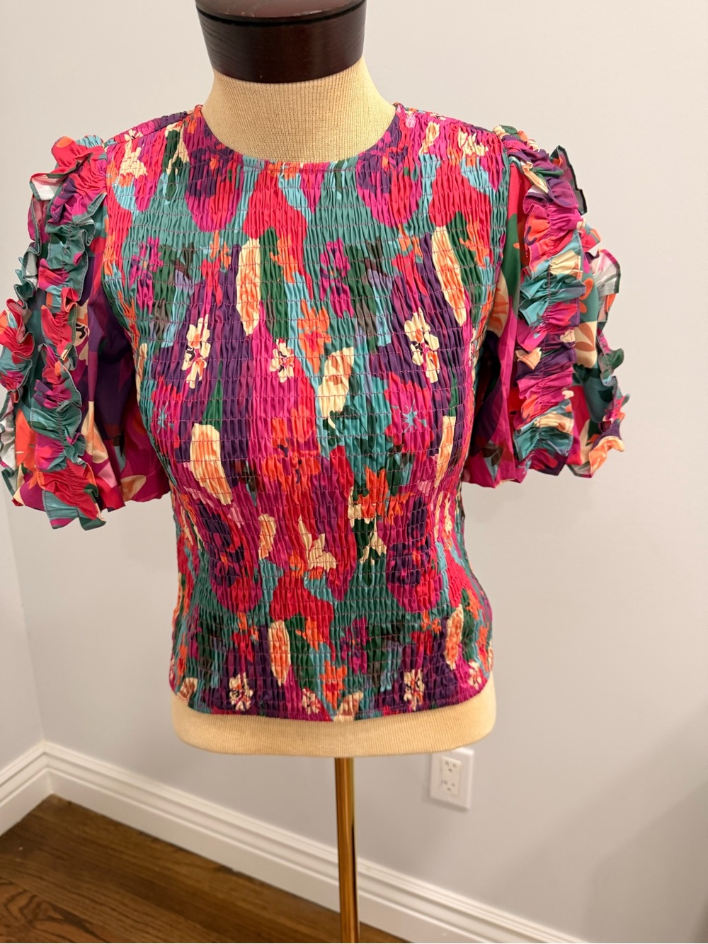 Girls' Floral Ruffle Sleeve Top - Pink & Green